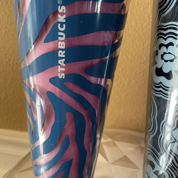 Starbucks Blue Wave Abstract Flower Tumbler Zebra Print Tumbler 24 ounces - Picture 3 of 14